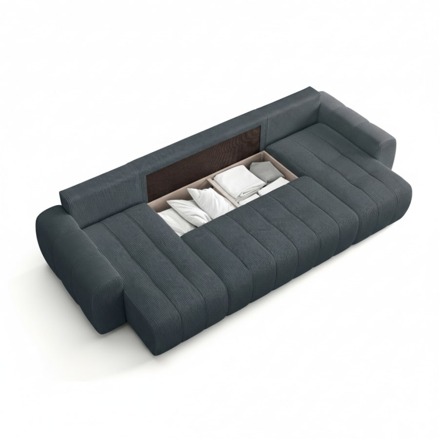 Canap&eacute; panoramique convertible avec coffre en velours c&ocirc;tel&eacute; gris fonc&eacute;